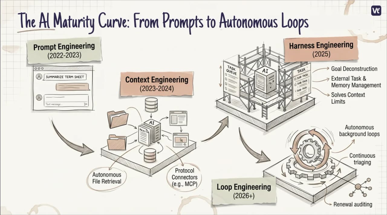 The AI maturity curve for insurance software: a hand-drawn infographic charting the four stages of AI engineering - prompt engineering (2022-2023), context engineering with autonomous file retrieval and MCP protocol connectors (2023-2024), harness engineering with goal deconstruction and external task and memory management (2025), and loop engineering with autonomous background loops, continuous triaging, and renewal auditing (2026 and beyond) The AI maturity curve for insurance software: a hand-drawn infographic charting the four stages of AI engineering - prompt engineering (2022-2023), context engineering with autonomous file retrieval and MCP protocol connectors (2023-2024), harness engineering with goal deconstruction and external task and memory management (2025), and loop engineering with autonomous background loops, continuous triaging, and renewal auditing (2026 and beyond)